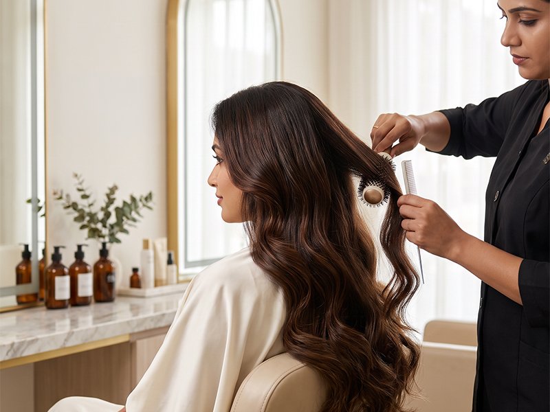Stylist brushing a client's long wavy hair at S For Swag Hair Artistry and Spa